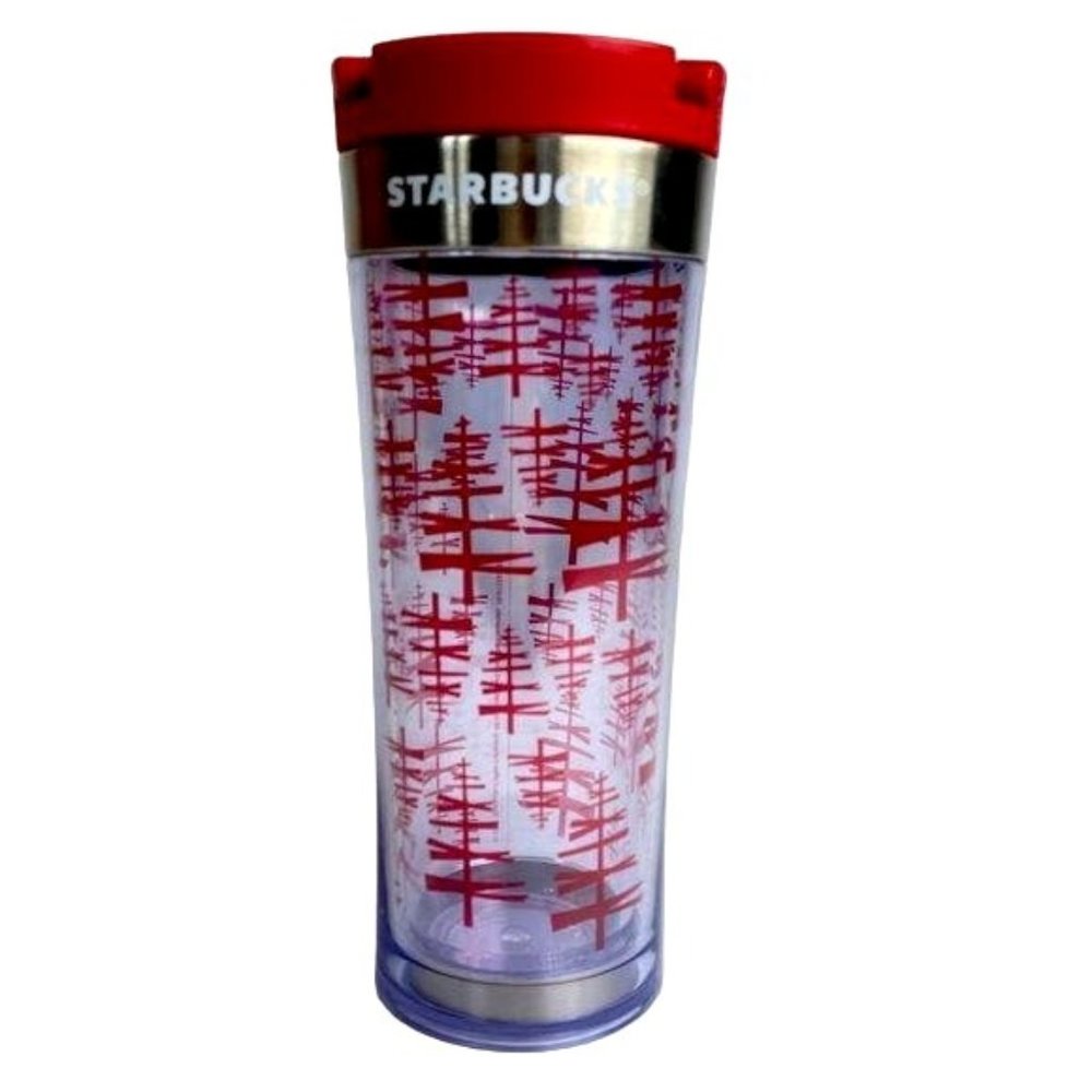 Starbucks Tumbler Travel Mug 2009 Holiday Red Pine Trees W/Lid Metal Rim 12 oz‎